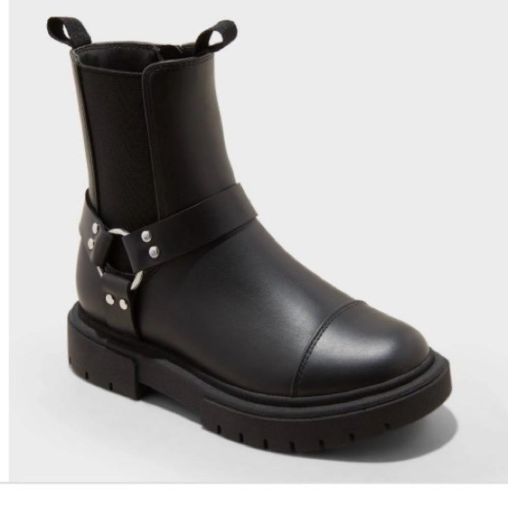 Art Class Black Faux Leather Crosby Harness Moto Boots Zip Chunky Size 3 Girls